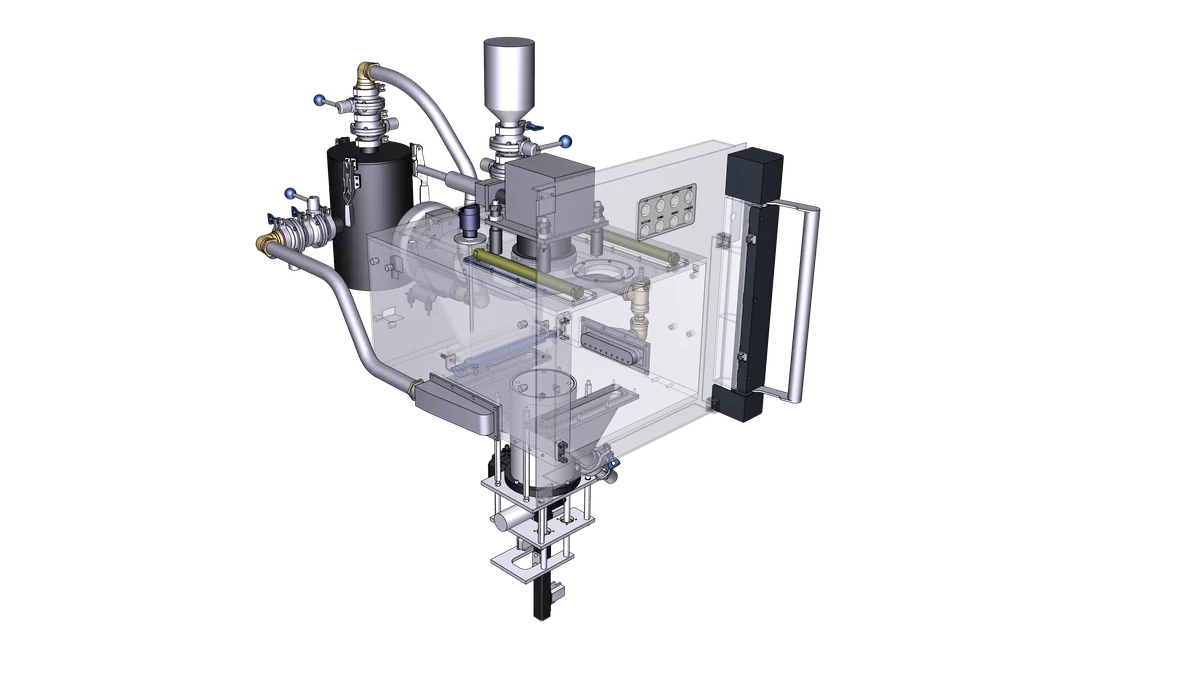 Cutaway view of the interior of the ALBA 300 metal 3D printer, showing the build chamber, optics, and gas circuit