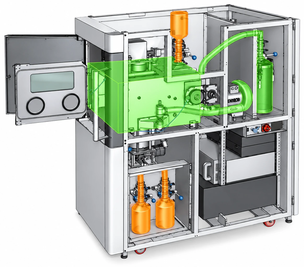 Cutaway view of the SAMYLABS ALBA 300 metal 3D printer with its ATEX classification by volume: in orange, classified as Zone 21, the dispensing hopper and powder collection bins; in green, classified as Zone 22, the build chamber, the inert gas circuit and the filter