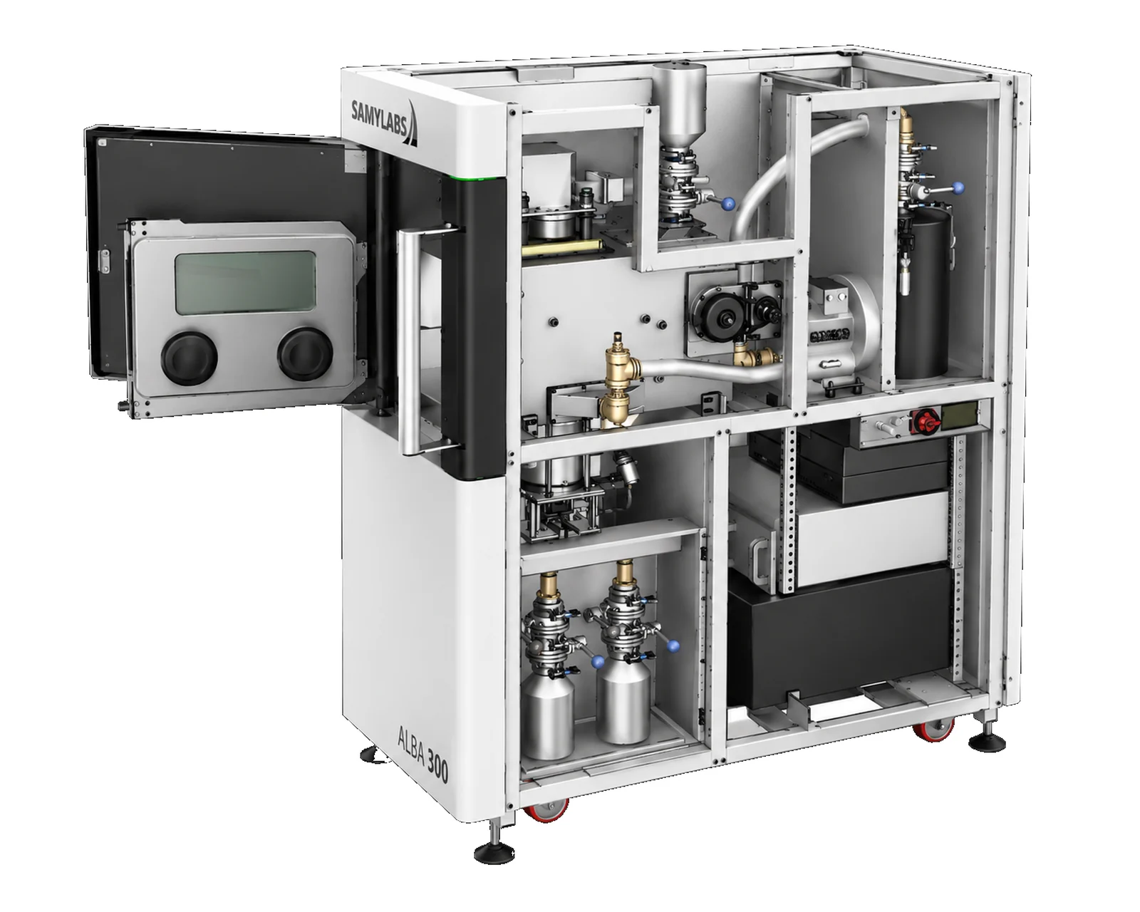 Cutaway view of the ALBA 300 with the sides removed: manufacturing chamber with gloves, powder hopper, gas circuit with valves, filter, blower, collection bottles and control cabinet