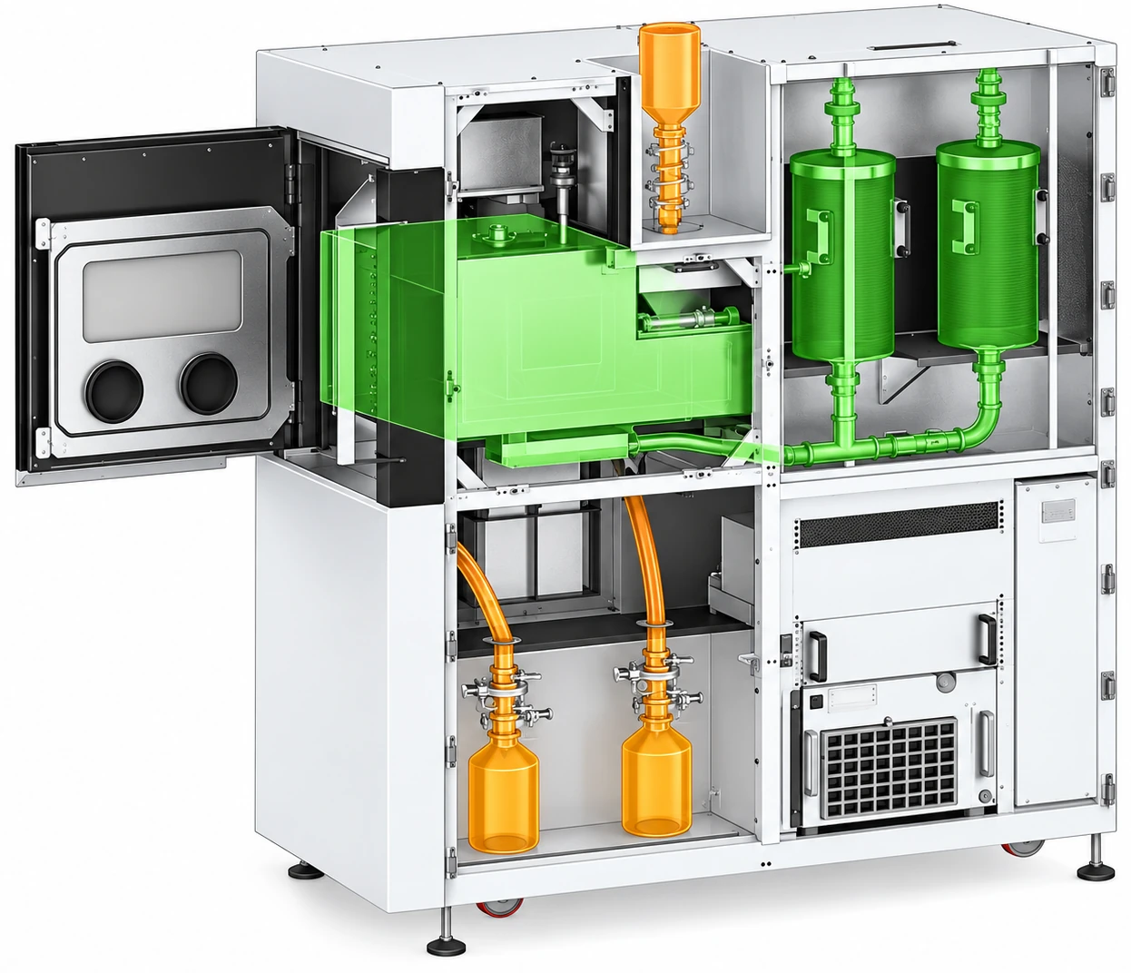 Corte de la impresora 3D de metal SAMYLABS ALBA 500 con su clasificación ATEX por volúmenes: en naranja, clasificados como Zona 21, la tolva de dispensación y los botes de recogida de polvo; en verde, clasificados como Zona 22, la cámara de construcción, el circuito de gas inerte y los dos filtros