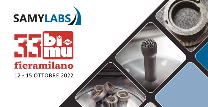 Gráfico de SamyLabs para la feria BIMU 2022 de Milán, con el logotipo de la feria y varias piezas metálicas impresas
