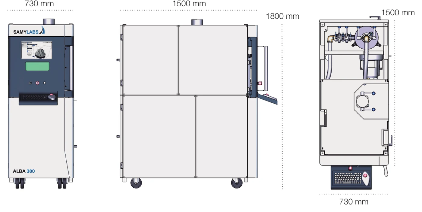 Dimensioned drawing of the ALBA 300 metal 3D printer: front, side and top views, with dimensions 730, 1500 and 1800 mm