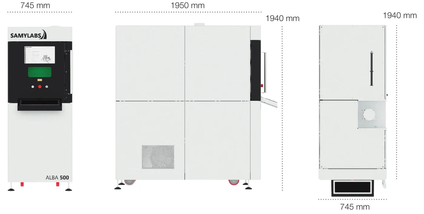 Plano acotado de la impresora 3D de metal ALBA 500: vista frontal, lateral y planta, con las cotas 745, 1950 y 1940 mm