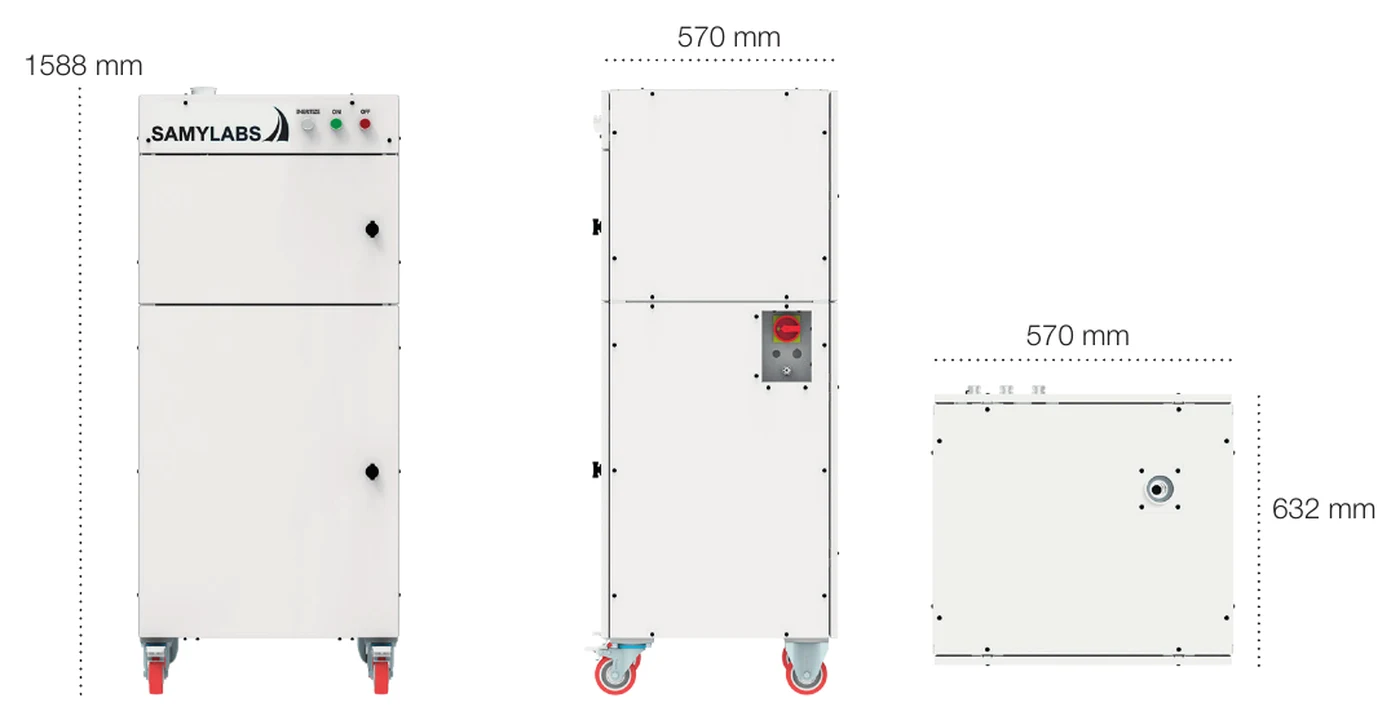 Plano acotado de la tamizadora de polvo metálico Samylabs Garbi: vista frontal, lateral y planta, con las cotas 1588, 570 y 632 mm