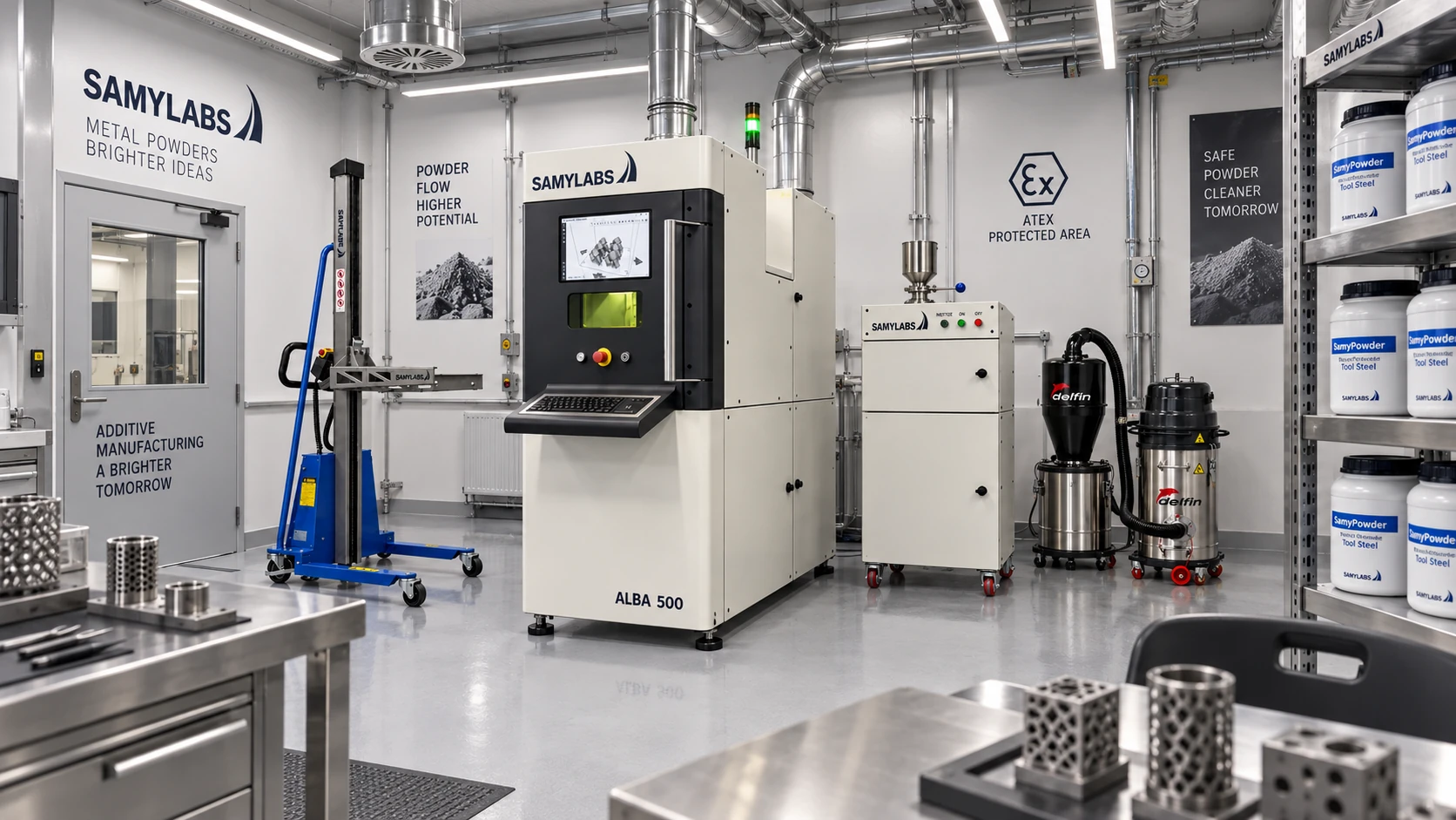 Sala ATEX de SAMYLABS con una instalación LPBF completa alrededor de la impresora 3D de metal ALBA 500: cribadora Garbi, aspirador Delfin con ciclón separador, elevador Samylifter, extracción por conducto y botes cerrados de polvo SamyPowder en estantería, bajo señalización de zona protegida ATEX