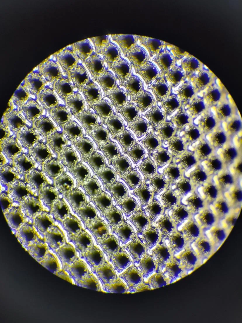 Macrofotografía de una estructura reticular impresa en metal
