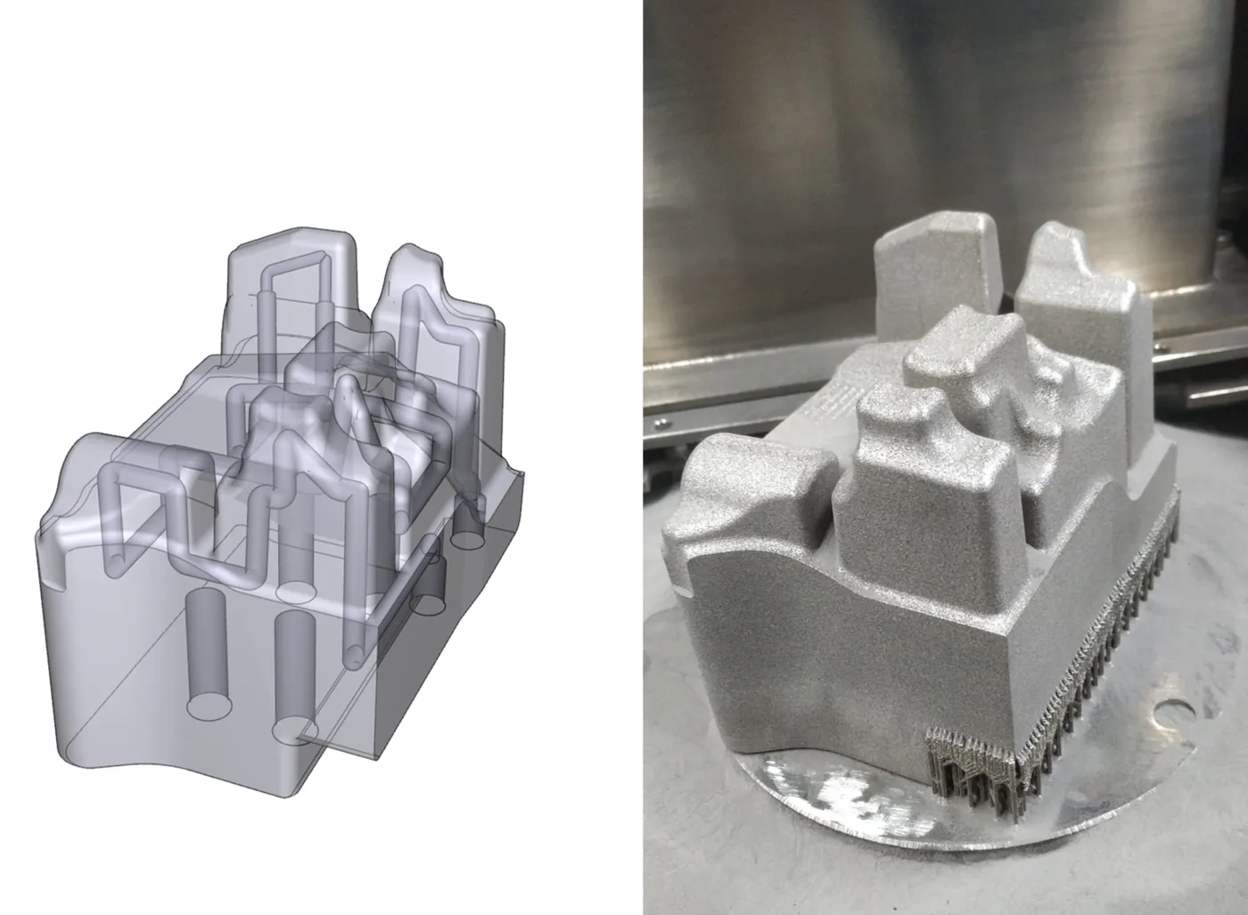 Inserto de molde con refrigeración conformal: modelo CAD y pieza fabricada por impresión 3D en metal