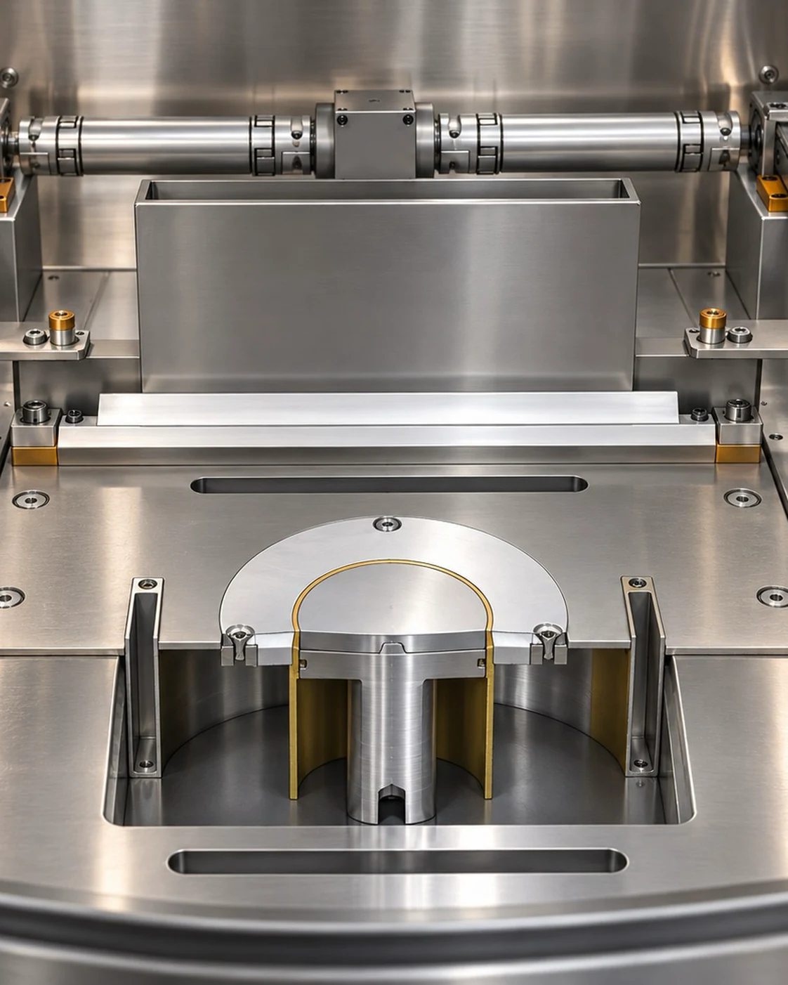 Interior de la cámara de una ALBA 500 con el módulo SamyFlex de volumen reducido en corte: la plataforma circular reducida con una pieza en fabricación sobre ella