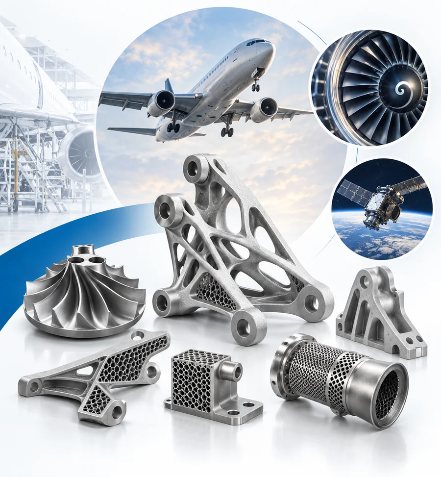 Ilustración del sector aeronáutico y de defensa: soportes aligerados por optimización topológica, rodetes y estructuras reticulares fabricadas por impresión 3D en metal
