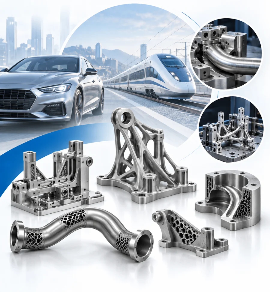 Ilustración del sector de automoción y ferrocarril: soportes aligerados, colectores y conductos fabricados por impresión 3D en metal