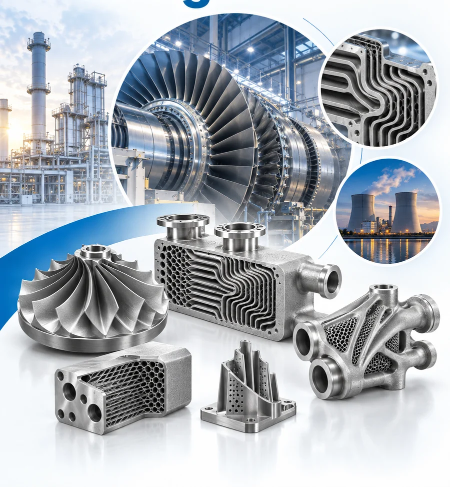 Ilustración del sector de la energía: rodetes de turbina, intercambiadores de calor con canales internos y soportes reticulares fabricados por impresión 3D en metal