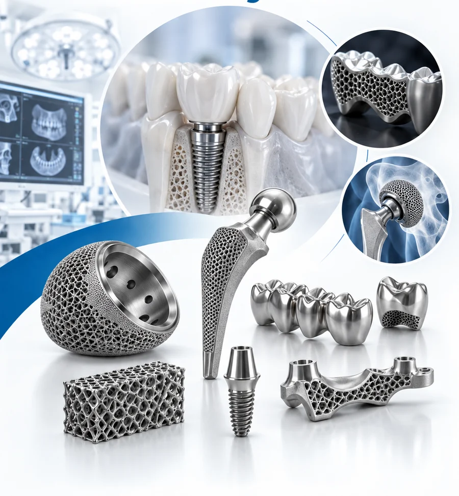 Ilustración del sector médico y dental: implantes con superficie porosa, estructuras dentales y prótesis fabricadas por impresión 3D en metal