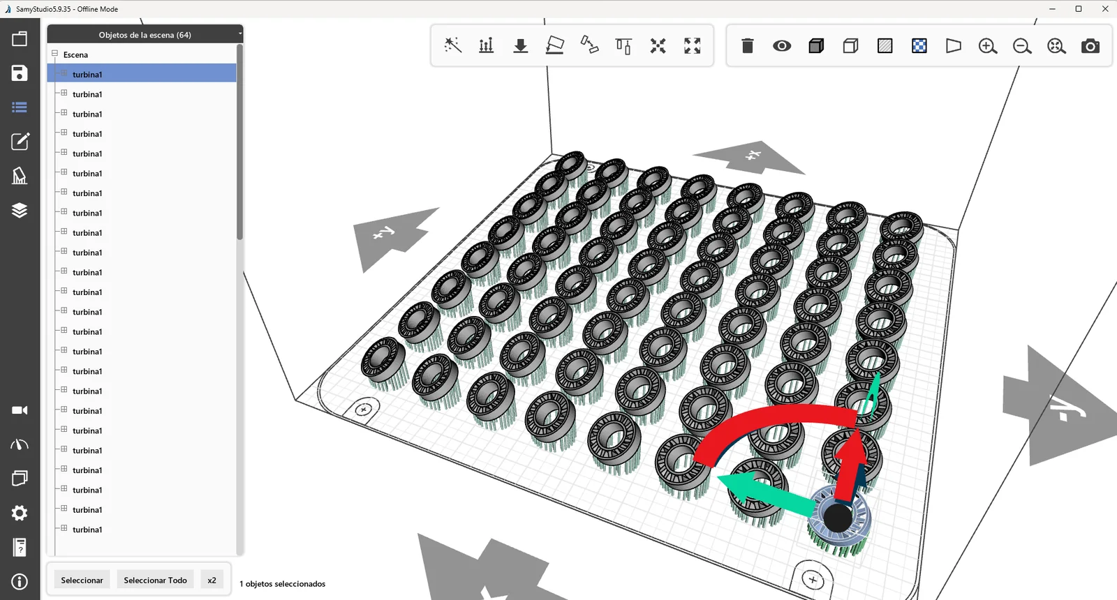 SamyStudio 5.9: una bandeja con 64 piezas iguales colocadas en matriz, cada una con sus soportes calculados
