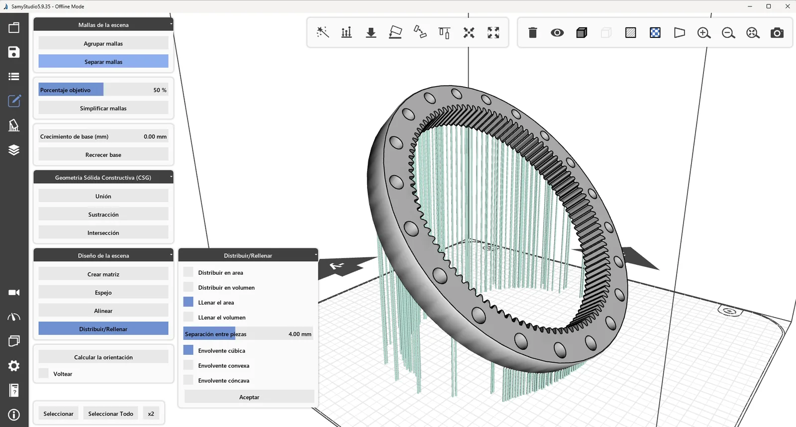 SamyStudio mesh tools on a toothed crown: simplify, join, subtract, array, and distribute