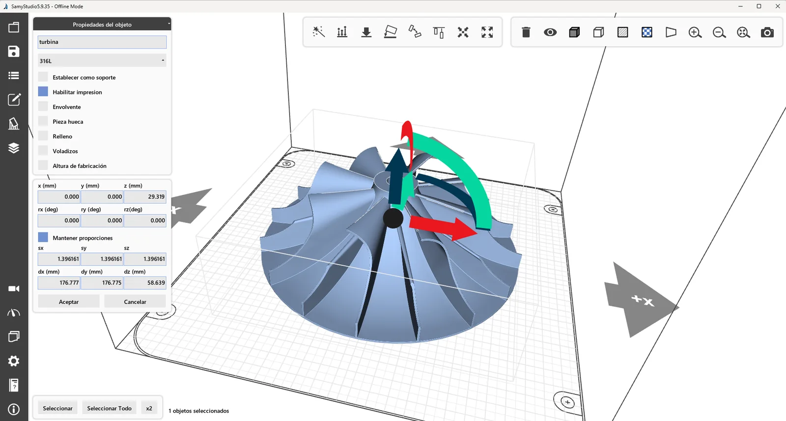 Impeller properties in SamyStudio: 316L material, position, rotation, and scale