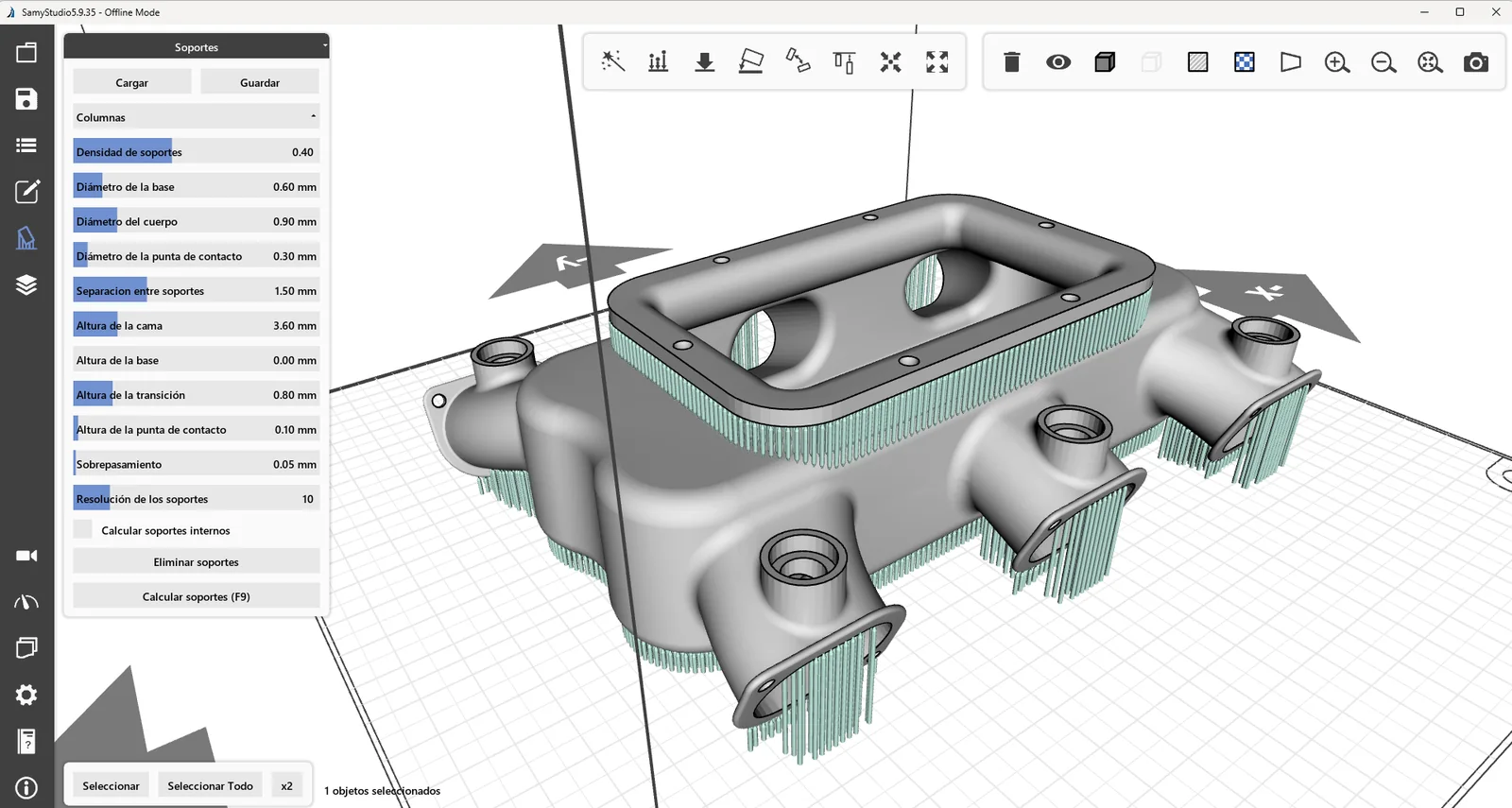 Open SamyStudio support panel next to a collector with the column supports already calculated